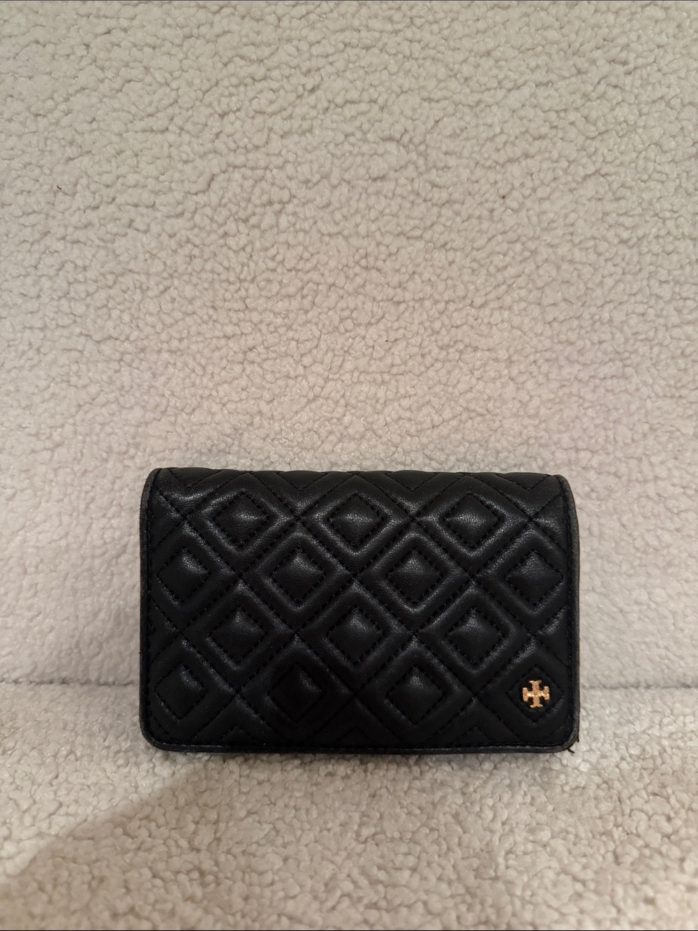Tory Burch Black Quilted Leather Compact Wallet with Gold Logo